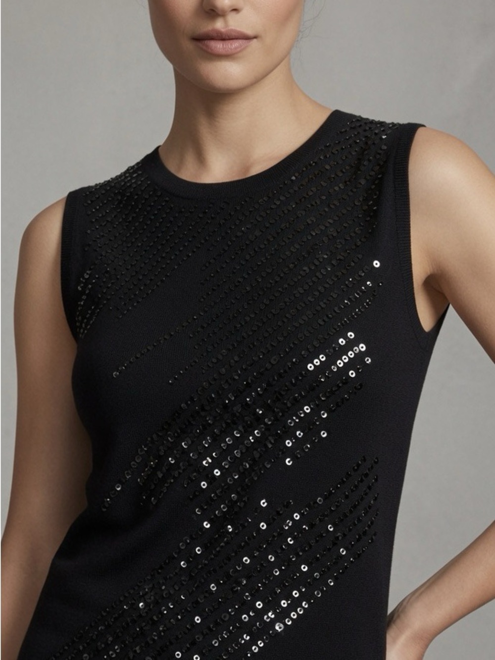 Vintage St. John collection Black Sleeveless Sequin-Accent Knit Tank